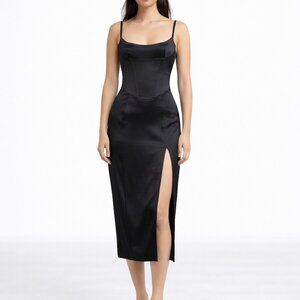 House of CB Casimira Satin Corset Midi Dress Black Front Split Bodycon Party S